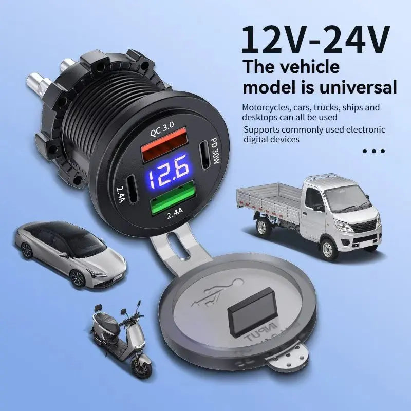 4-Port Car Charger Socket Dual USB-C & USB-A 96W + Voltmeter