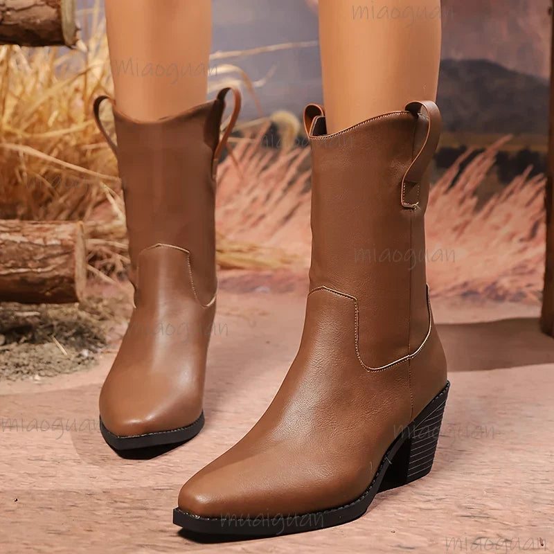 Women's Western Ankle Boots – Pointed Toe Block Heel, Sizes 6–10