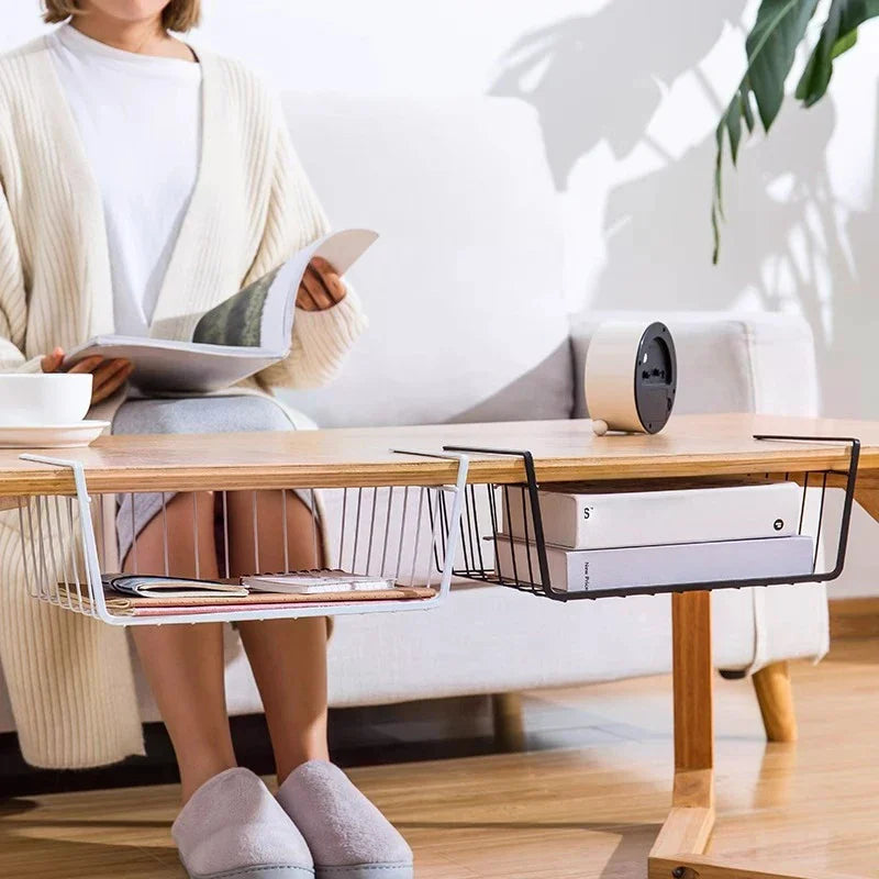 No-Drill Under-Table Hanging Iron Storage Basket & Shelf