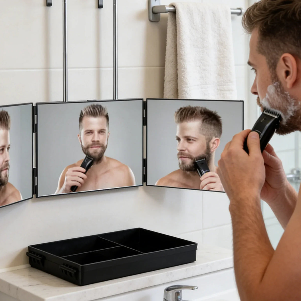 360° Trifold Vanity Makeup Mirror – Travel Telescoping Hook