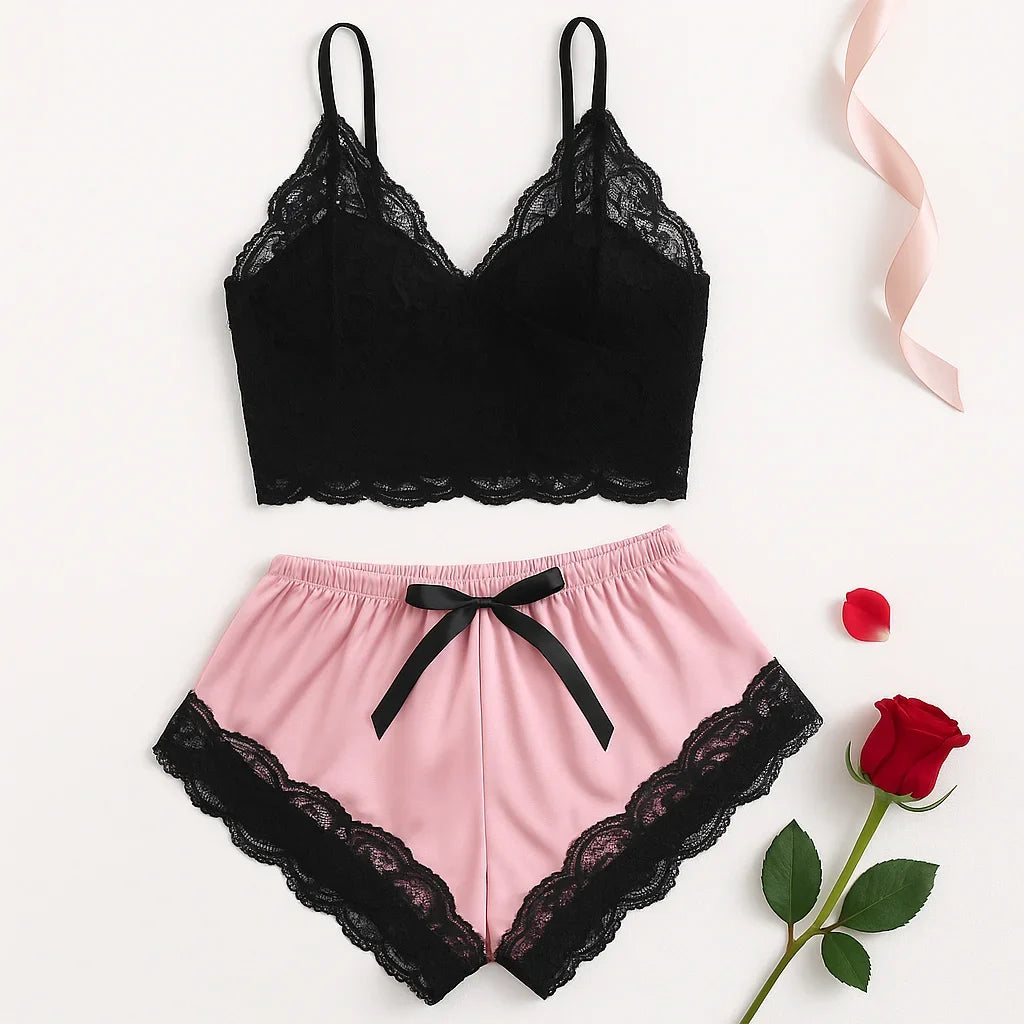 Women's Satin Lace Cami & Shorts Pajama Set – Black & Pink
