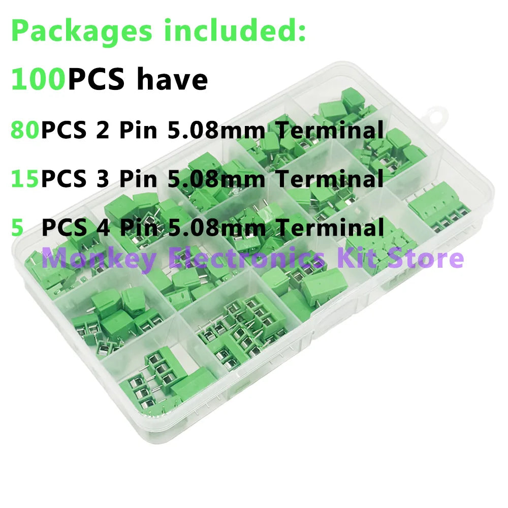 100PCS KF301 PCB Terminal Block Kit – 2P 3P 4P 5.08mm Plug-In