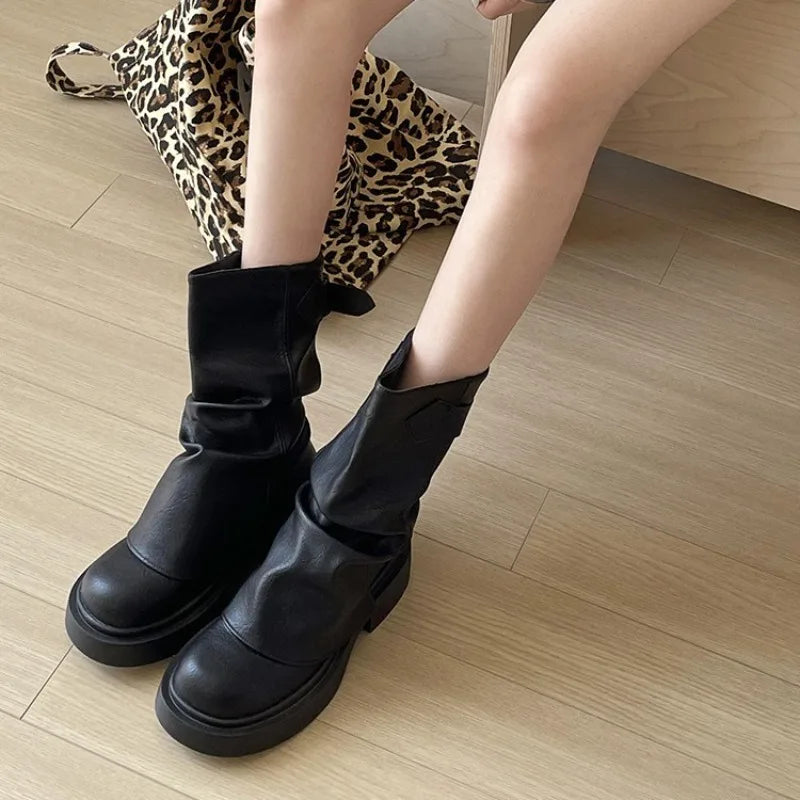 Women's Chunky Platform Mid-Calf Boots | Retro British Style