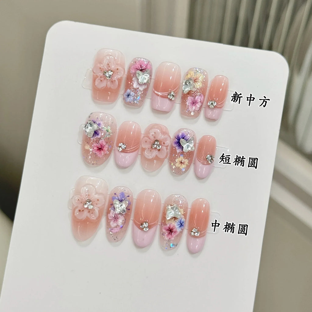10-Piece Handmade Press-On Nails – Summer Floral French Tips
