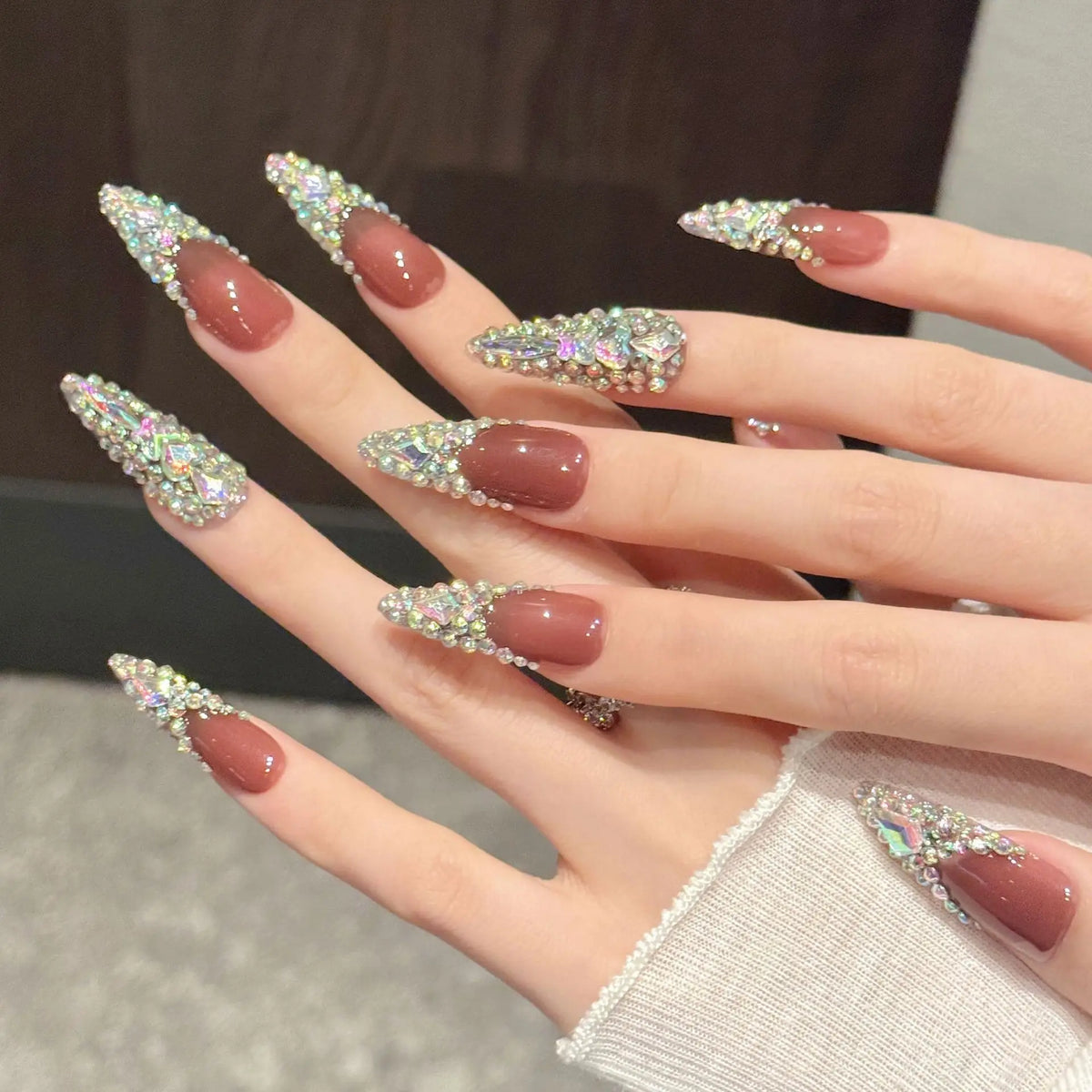 10pcs Rhinestone Press On Nails – Long Stiletto French False Nails