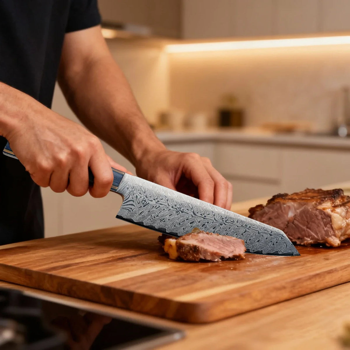 Damascus Steel Santoku Chef's Knife – Wood Handle, 20cm Blade