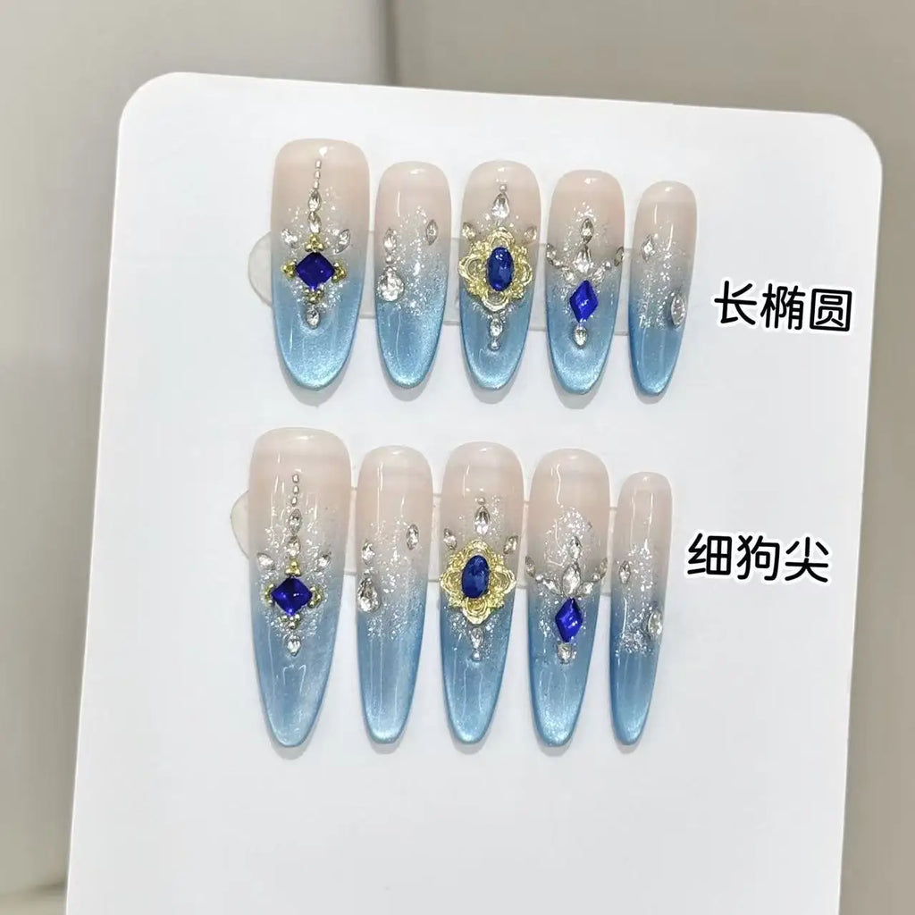Handmade Press Nails Light Luxury Fake Ice Blue Cat Eye French Tip