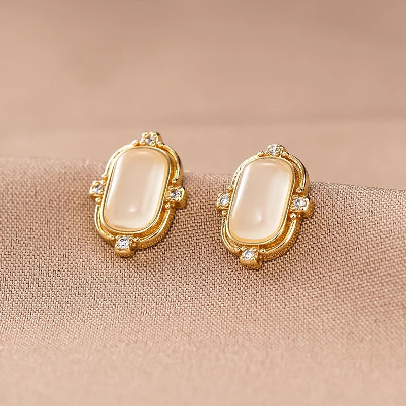 Huitan Opal Stud Earrings – Gold CZ Geometric Dainty Studs