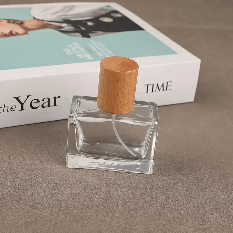 Portable Glass Spray Bottle 30ml 50ml | Refillable Wood Cap