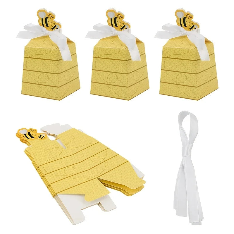 30 Bee Design Paper Gift Boxes with Ribbon Bows | Party Candy Boxes