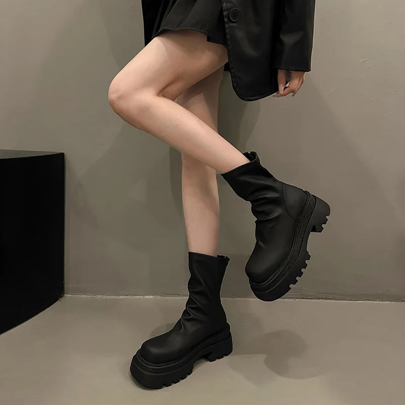 Women's Platform Chelsea Ankle Boots – Stacked Heel, Brown & Black