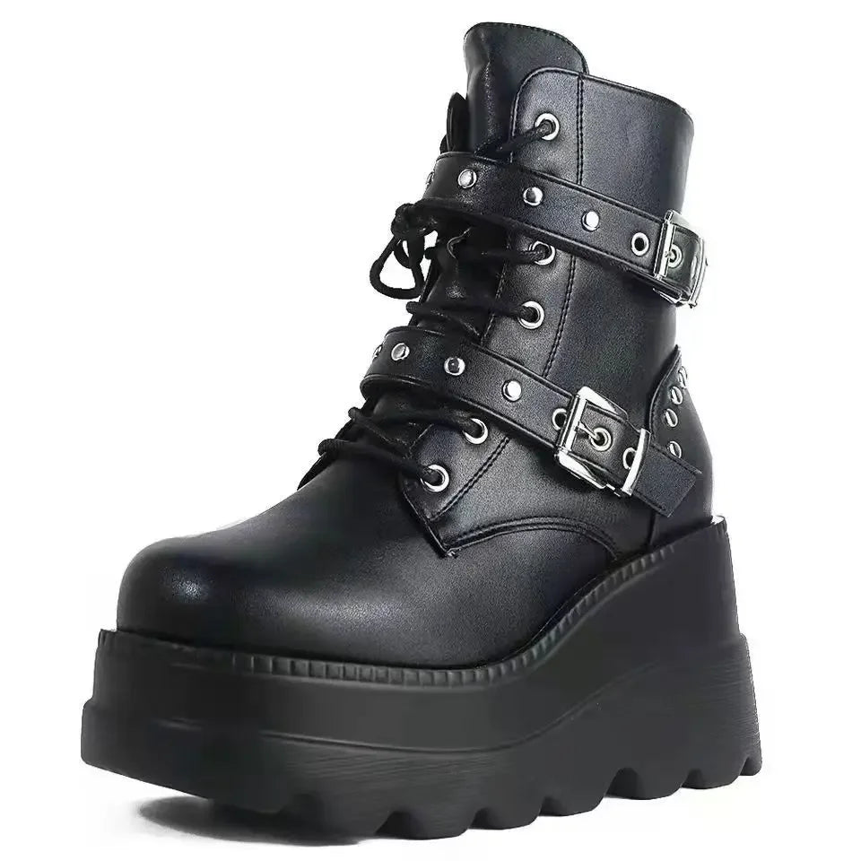 Women's PU Leather Platform Ankle Boots – Gothic Lace-Up
