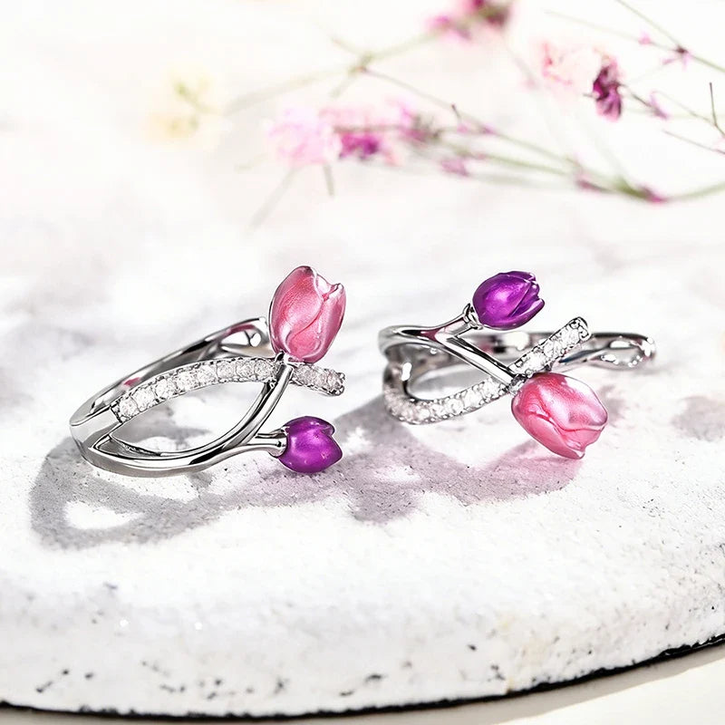 Huitan Pink Purple Tulip Hoop Earrings – CZ Flower Hoops