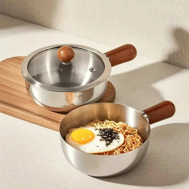 Korean Ramen Pot Lid Stainless Steel Wooden Handle Noodle Cooker 1-2