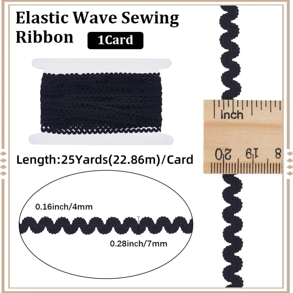 25 Yards Elastic Wavy Ric Rac Fringe Trim Ribbon – Black 7mm
