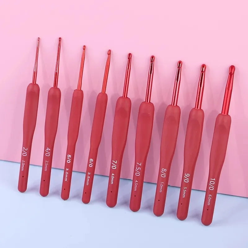 Aluminum Tulip Red Crochet Hook Frosted Handle TPR Silicone Sweater