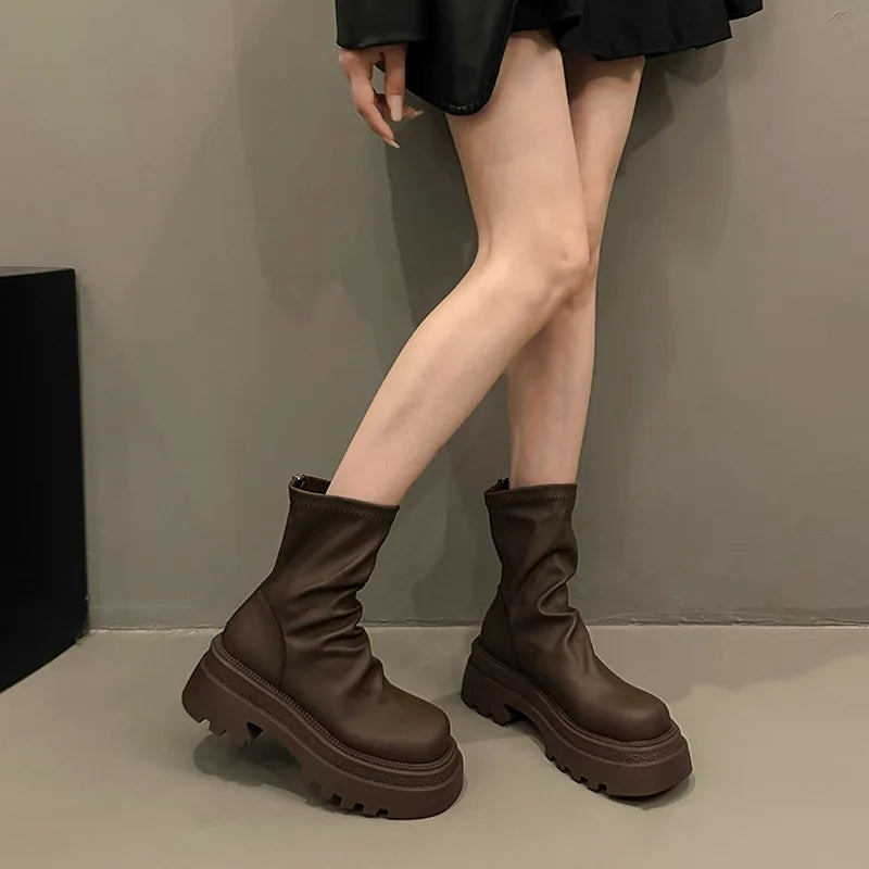 Women's Platform Chelsea Ankle Boots – Stacked Heel, Brown & Black