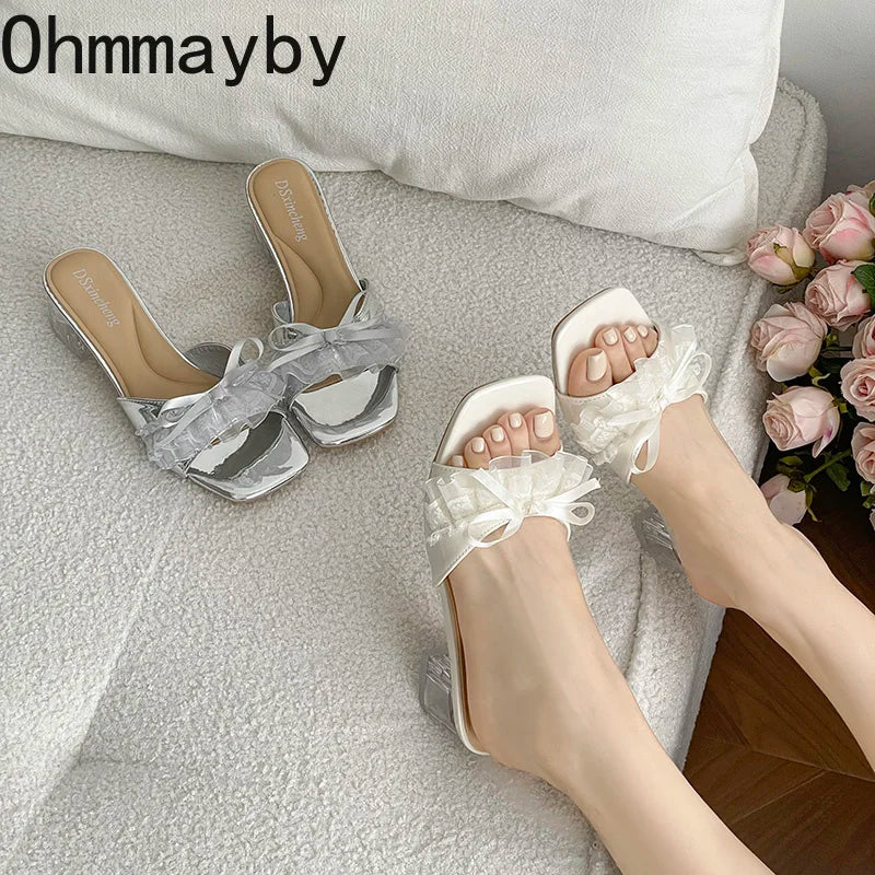 Crystal Heel Women's Mule Slippers – Butterfly-Knot Square Toe