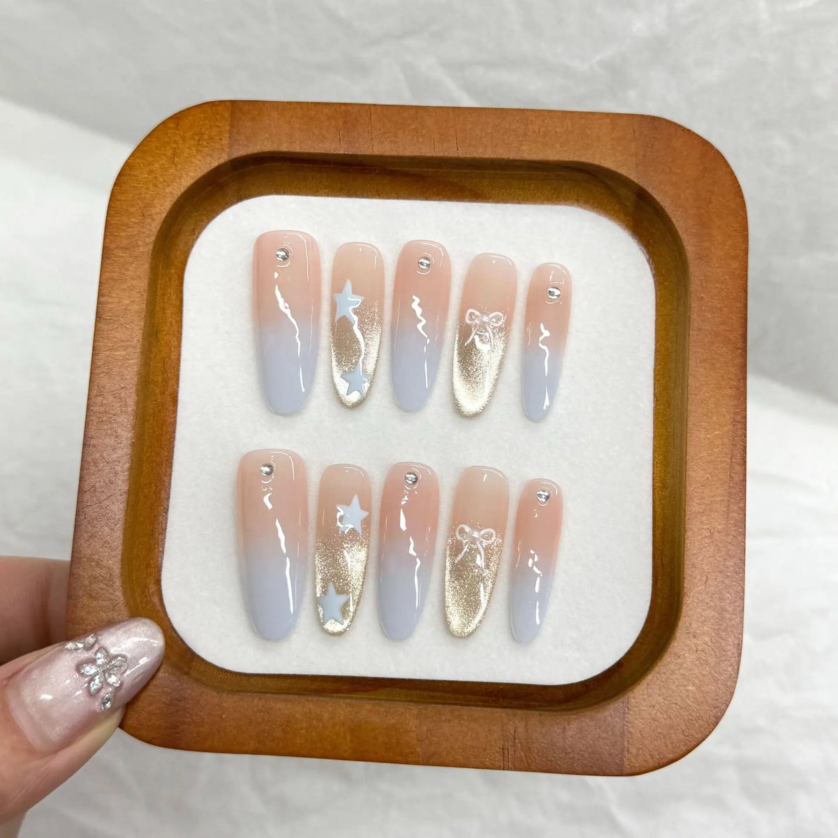 Handmade Press-On Nails Leopard Blue Cat Eye Long Almond 10pcs