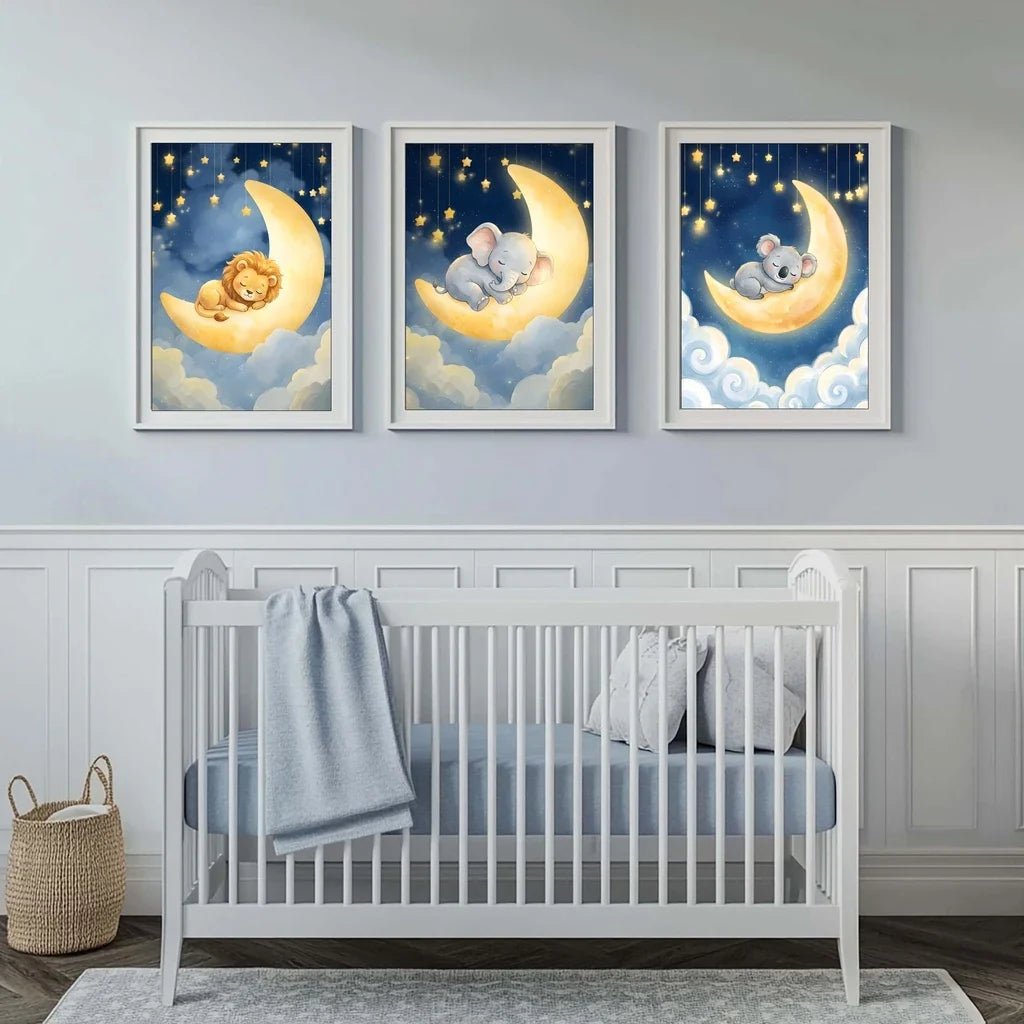 Nordic Animal Moon Canvas Print – Baby Nursery Wall Art Poster