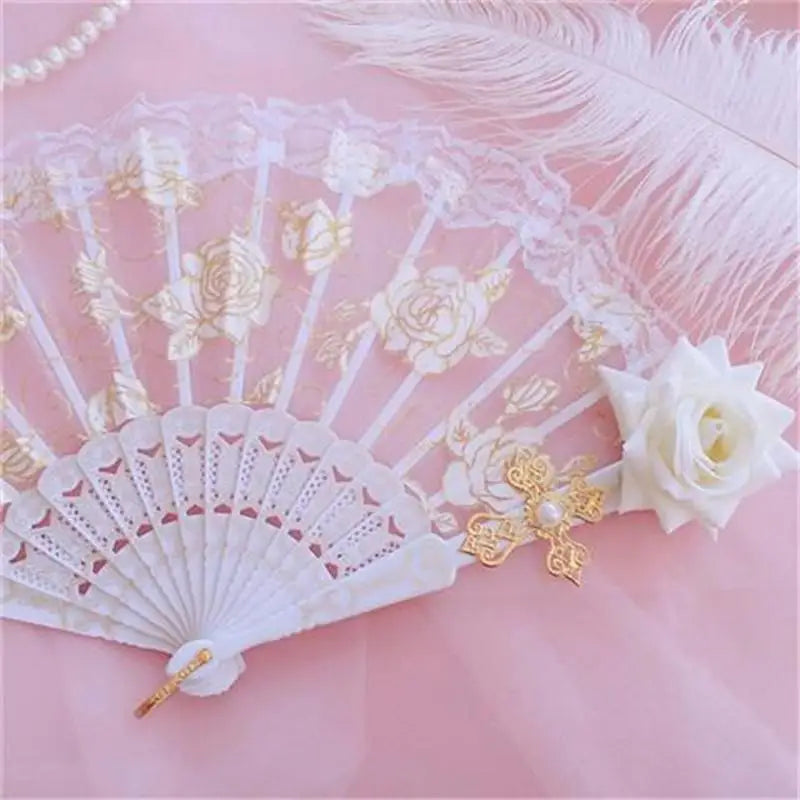 Lolita Gothic Fan Victorian Female Lace Hand Vintage Black White Red