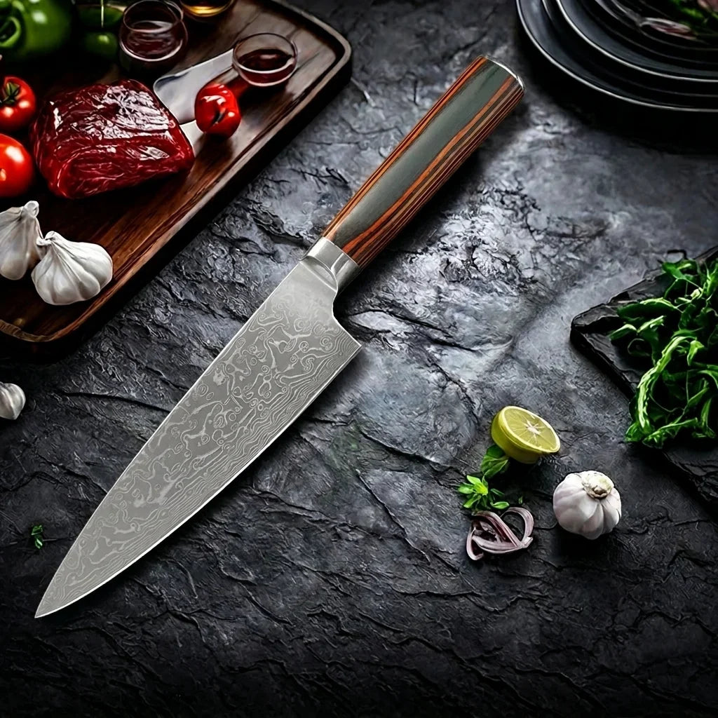 Damascus Steel Chef Knife – Sharp 14.5cm Blade & Wood Handle