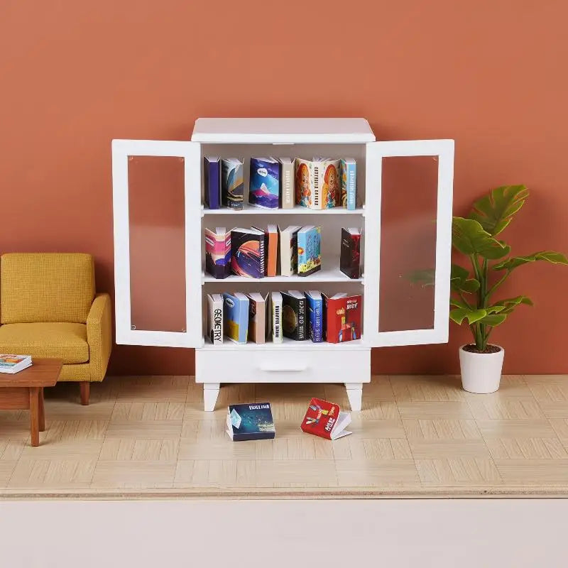 Miniature Dollhouse Cabinet Set with 20 Books | 1:6 & 1:12 Scale