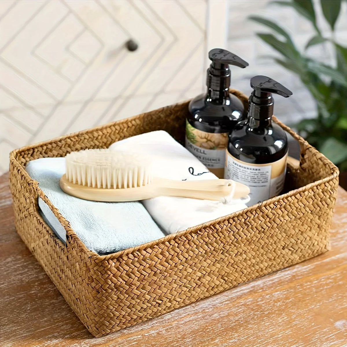 Handwoven Rattan Basket Rectangular Storage Organizer Bathroom