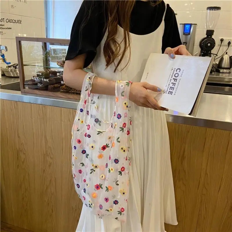 Mesh Embroidered Floral Tote Bag | Travel & Shopping Bag