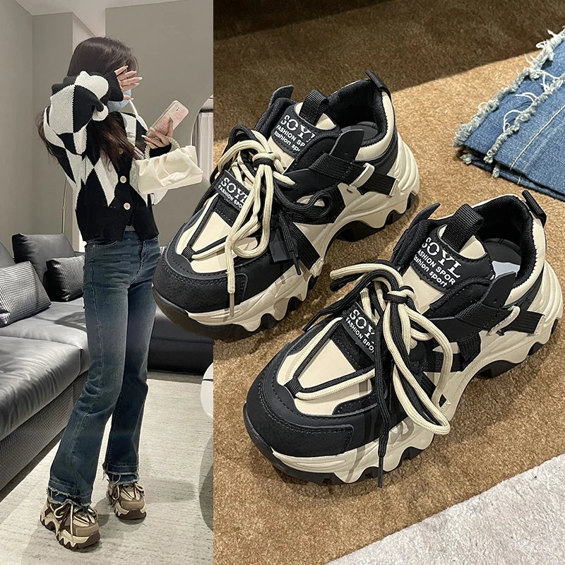 Women's Chunky Platform Sneakers – Lace-Up Casual Sports Shoes