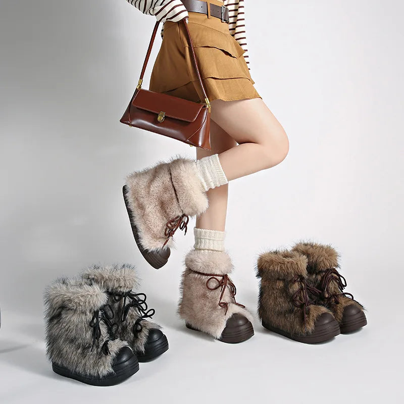 Women's Faux Fur Bow Ankle Snow Boots – Warm Winter Flats