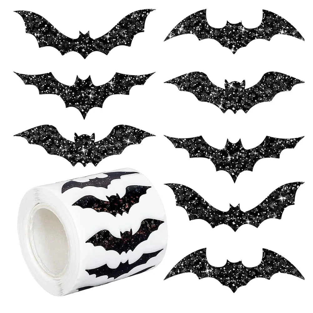 500pcs Halloween Bat Stickers Roll – Glitter Waterproof Decals