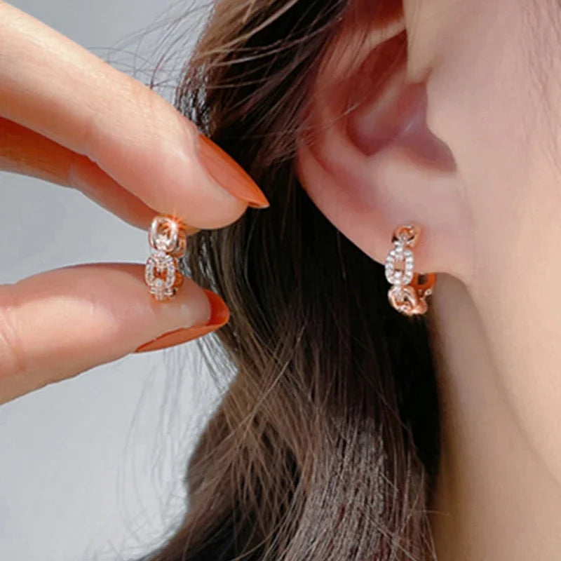 Huitan Chain Link CZ Hoop Earrings – Rose Gold Fashion Jewelry