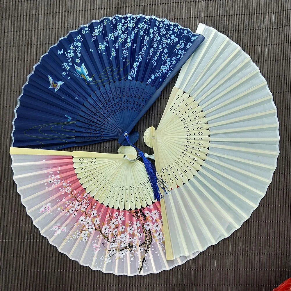 Chinese Engraved Folding Hand Fan Wooden Shank Classical Dance Tassel