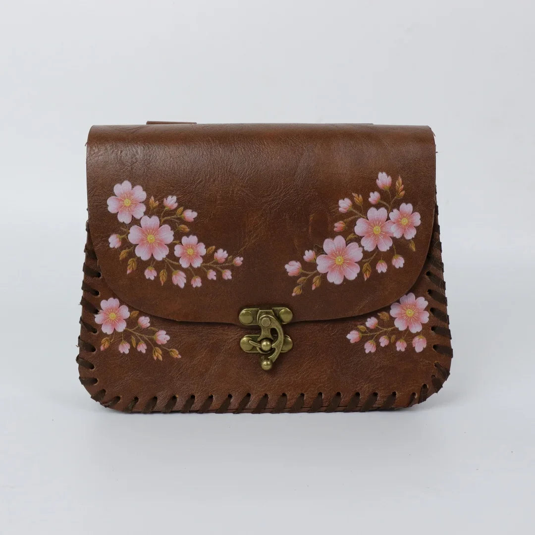 Vintage Pink Cherry Blossom Floral Faux Leather Belt Pouch Medieval