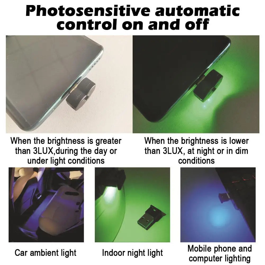 RGB USB-C Car Ambient Light – 8 Colors, Auto Sensor & Memory