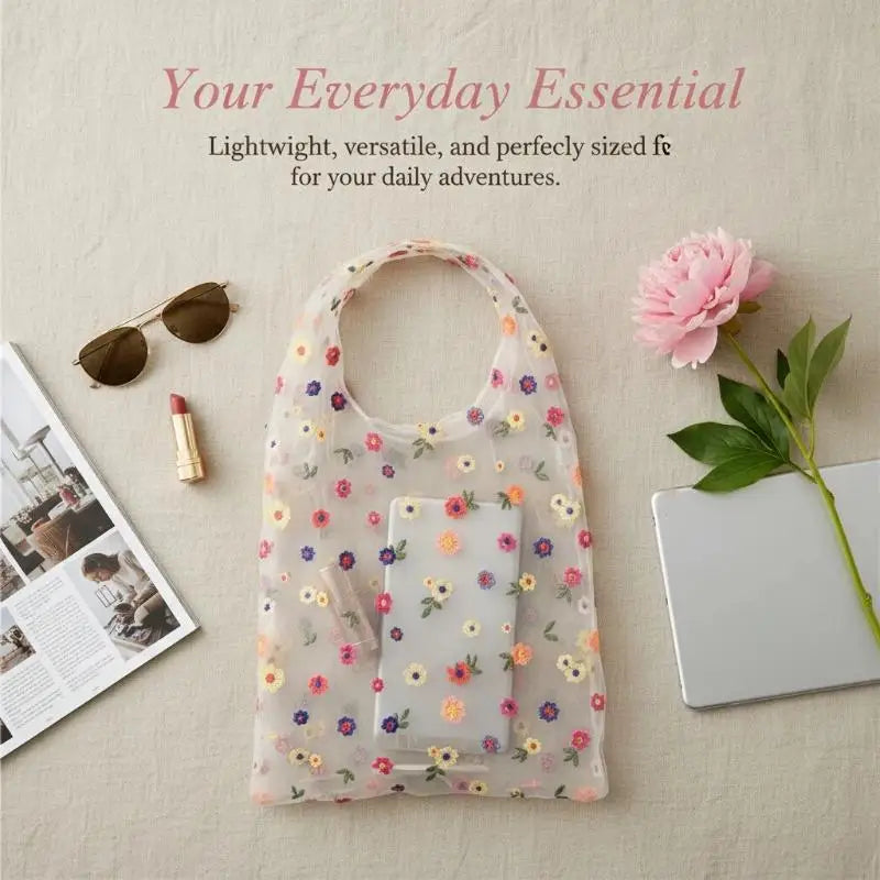 Mesh Embroidered Floral Tote Bag | Travel & Shopping Bag