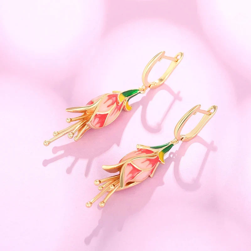 Huitan Pink Tulip Enamel Drop Earrings | Women's Fashion Jewelry
