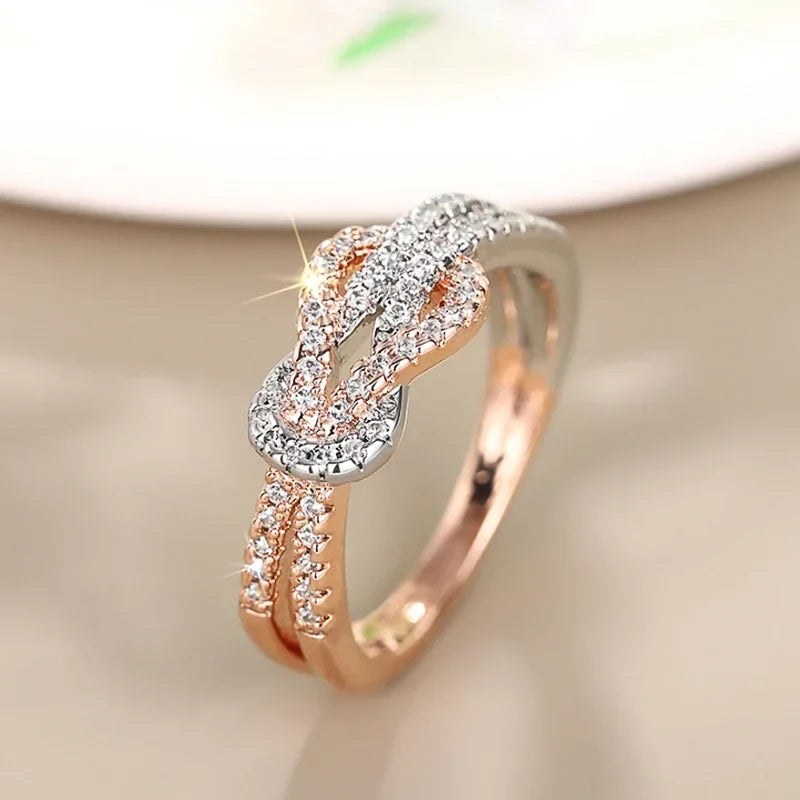 Huitan Two-Tone Twisty Knot Ring – Cubic Zirconia Women's Band