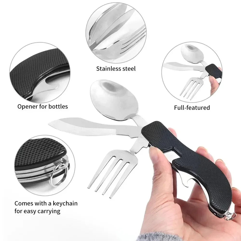 Foldable Camping Cutlery Set – Stainless Steel Flatware & Opener