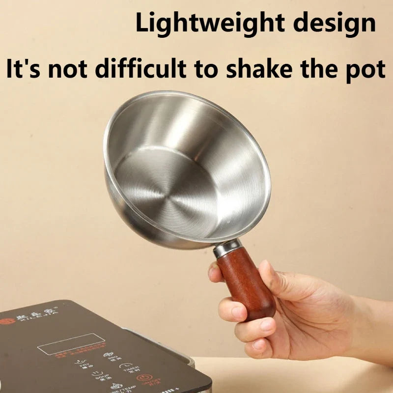 Stainless Steel Small Cooking Pot Wooden Handle Noodle Baby Food Milk
