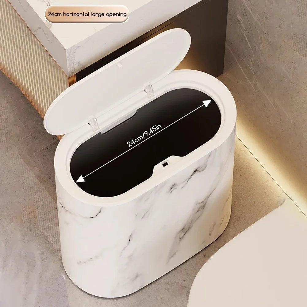 Marble Slim Trash Can with Lid – Narrow Wastebasket for Home