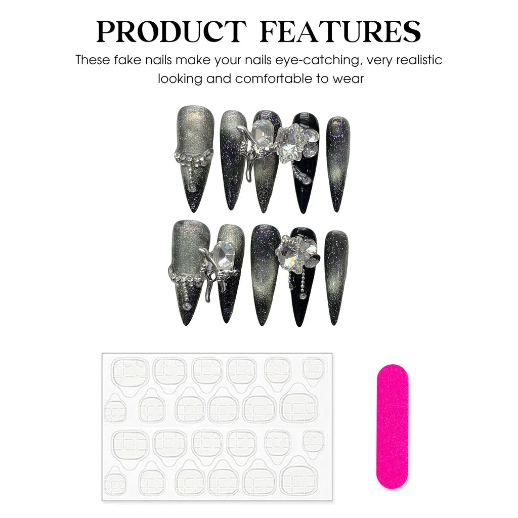 Gothic Black Silver Press-On Nails | Long Crystal Stiletto Set