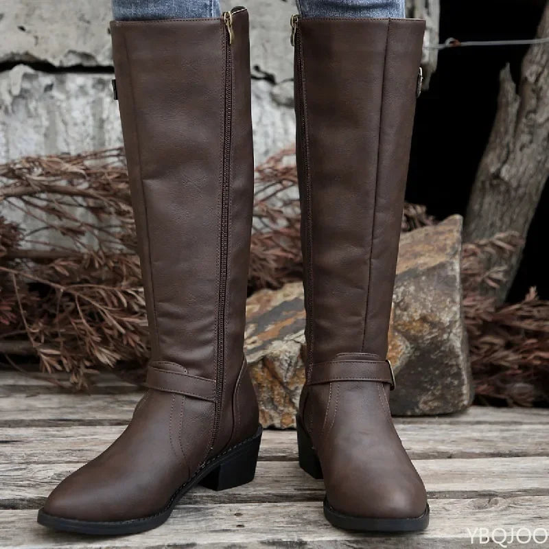 Women's Retro Pleated Buckle Knee-High Boots | Thick Heel