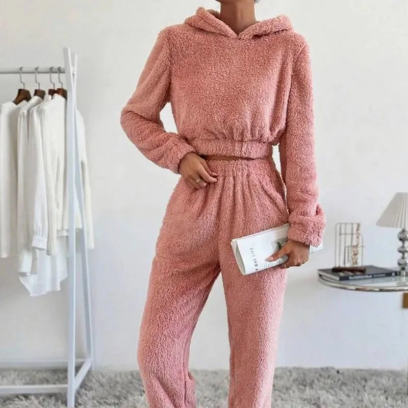 Women's Plush Hooded Loungewear Set – Cozy Winter Homewear