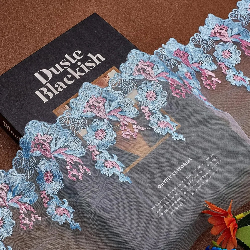 Floral Embroidered Lace Organza Trim – 5 Yards Sky Blue