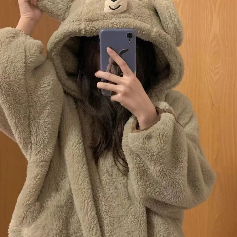 Bear Ear Hooded Pajama Set – Cozy Coral Fleece Women's Sleepwear