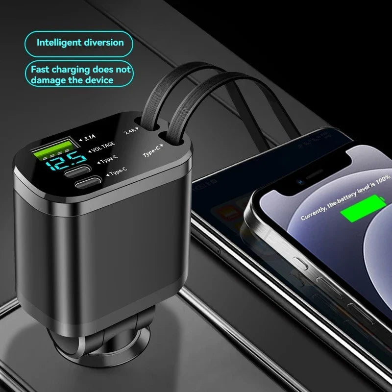 5-in-1 Retractable Car Charger USB-C PD Fast Charging Adapter