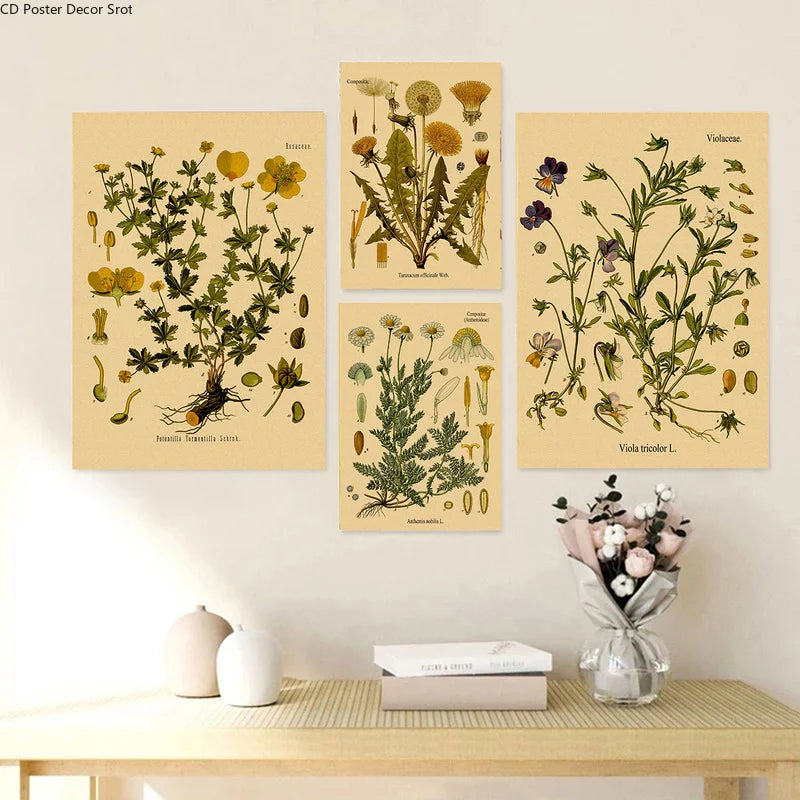 Botanical Herb & Flower Retro Kraft Paper Poster | Vintage Wall Art