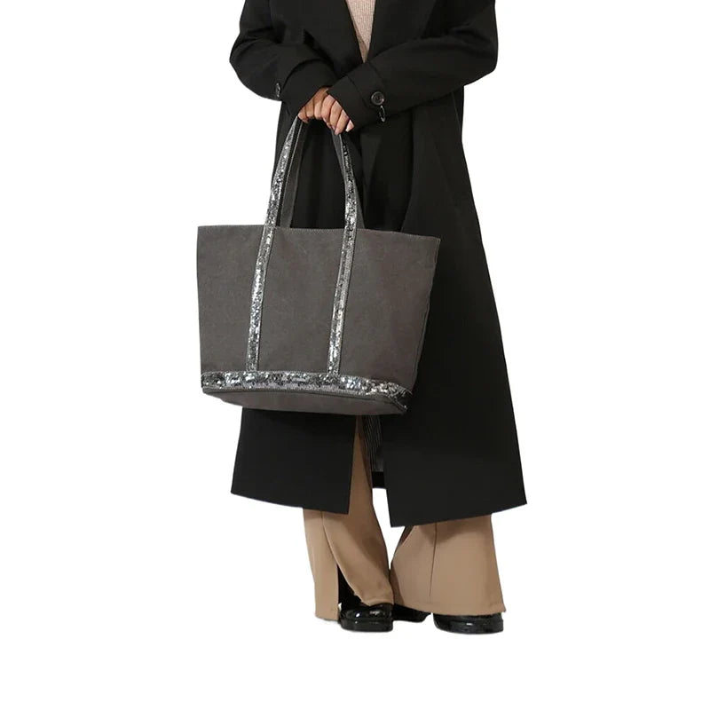 Vintage Canvas Sequin Tote Bag – Large Shoulder Bag for Women
